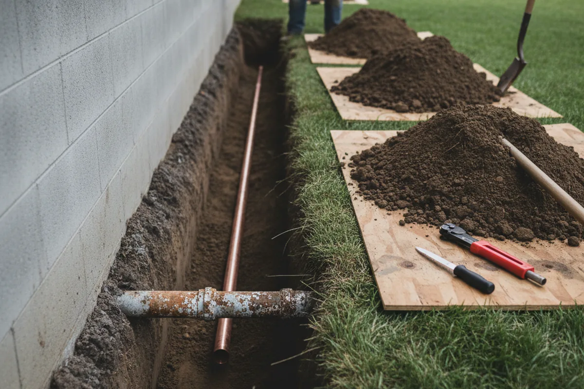 Excavated water line trench during Sewer Line Repair in Penrose